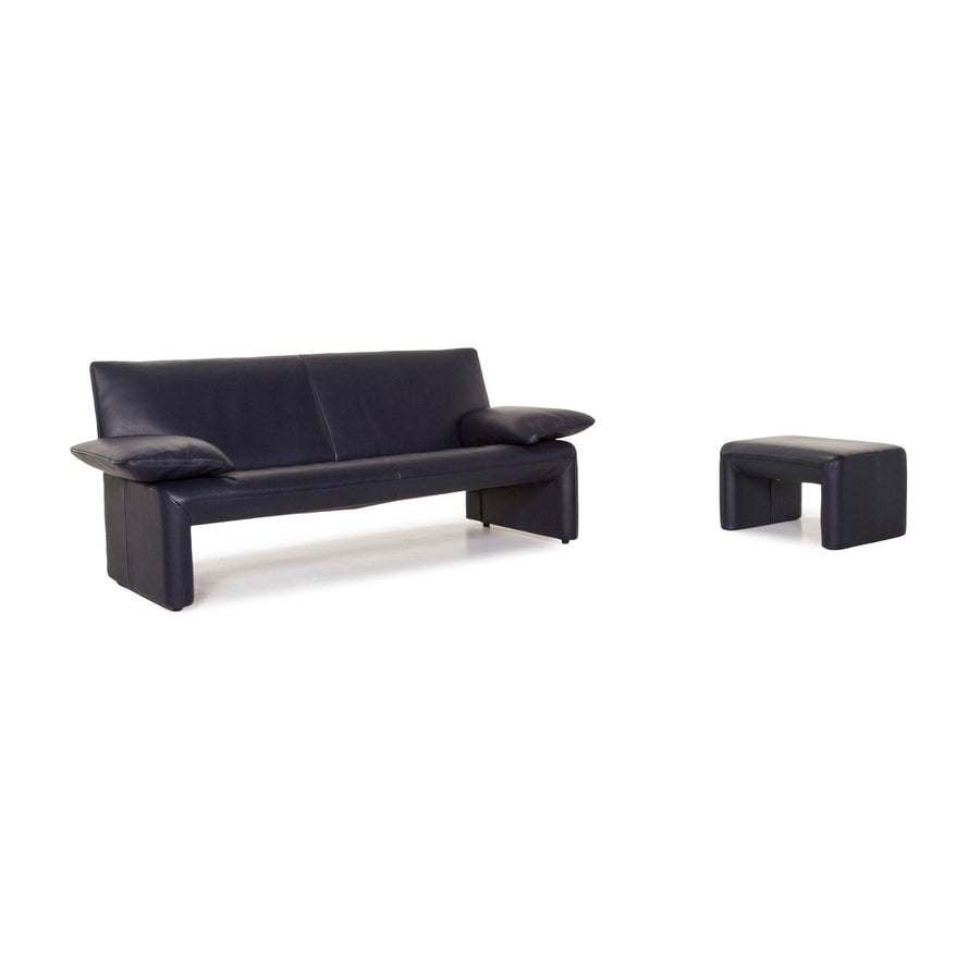 Jori leather sofa set blue dark blue 1x two-seater 1x stool #12729