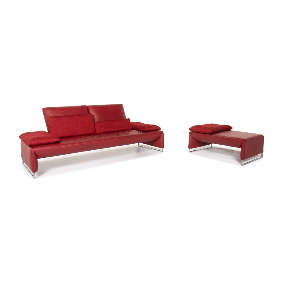 Koinor Ramon ensemble canapé cuir rouge 1x deux places 1x fonction tabouret #14896