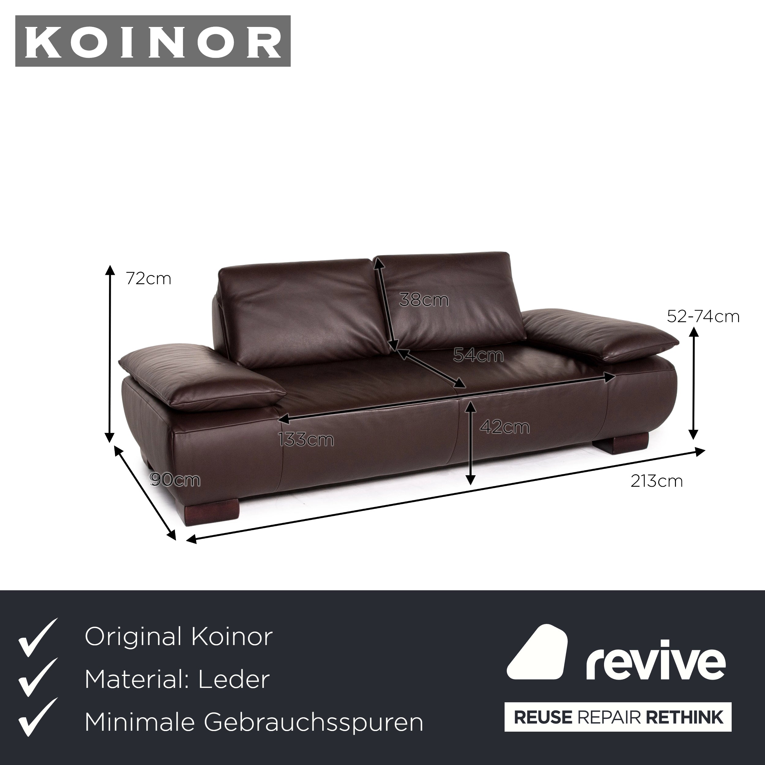 Koinor Volare Leder Sofa Dunkelbraun Braun Dreisitzer Funktion Couch #14031