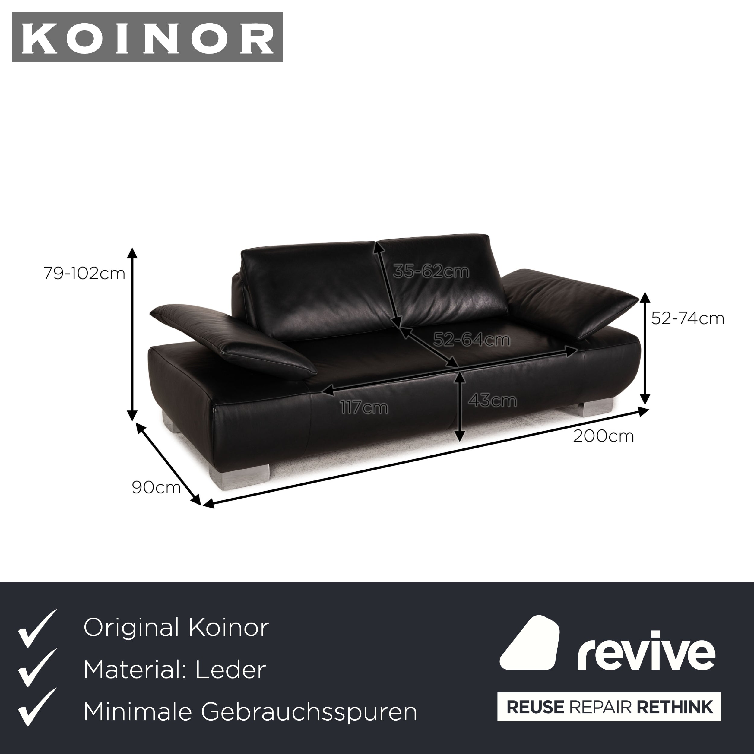 Koinor Volare Leather Sofa Black Two seater couch feature