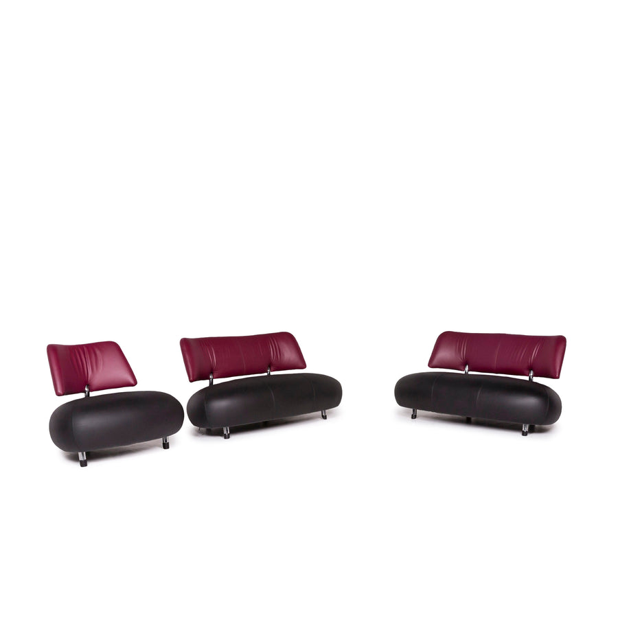Leolux Pallone leather sofa set Black Purple 2x two-seater 1x armchair #11671
