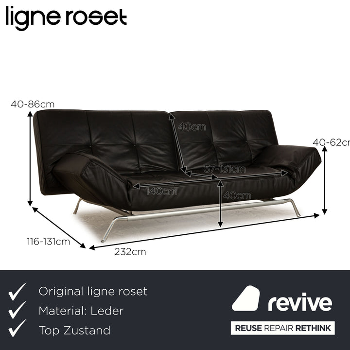 ligne roset Smala Leder Dreisitzer Schwarz manuelle Funktion Sofa Couch Schlaffunktion