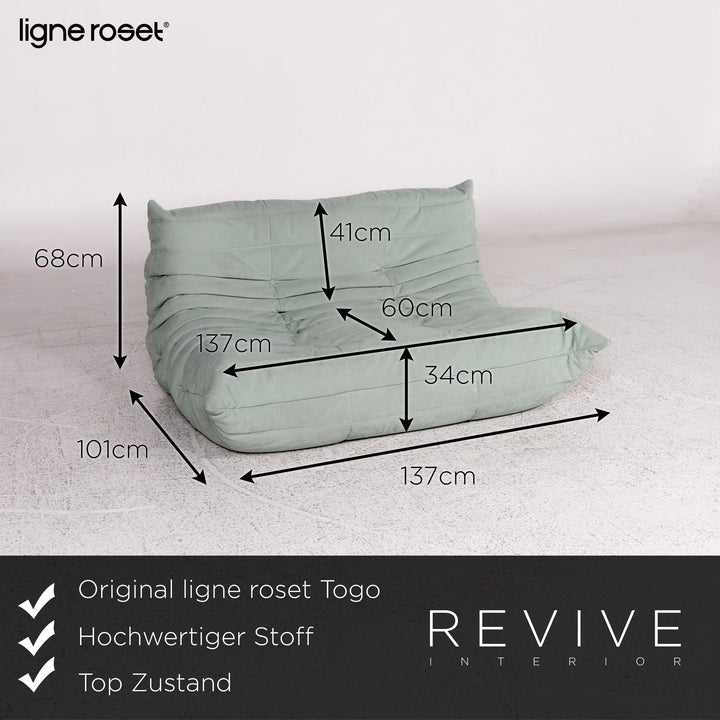 ligne roset Togo Alcantara fabric sofa set mint lilac green purple 2x two-seater 1x ottoman Michel Ducaroy #10041