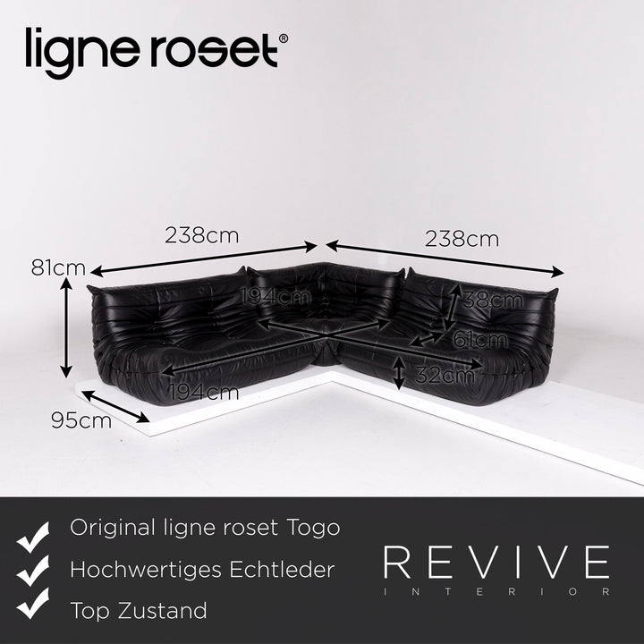 ligne roset Togo leather sofa set black 1x corner sofa 1x armchair 1x stool #11347