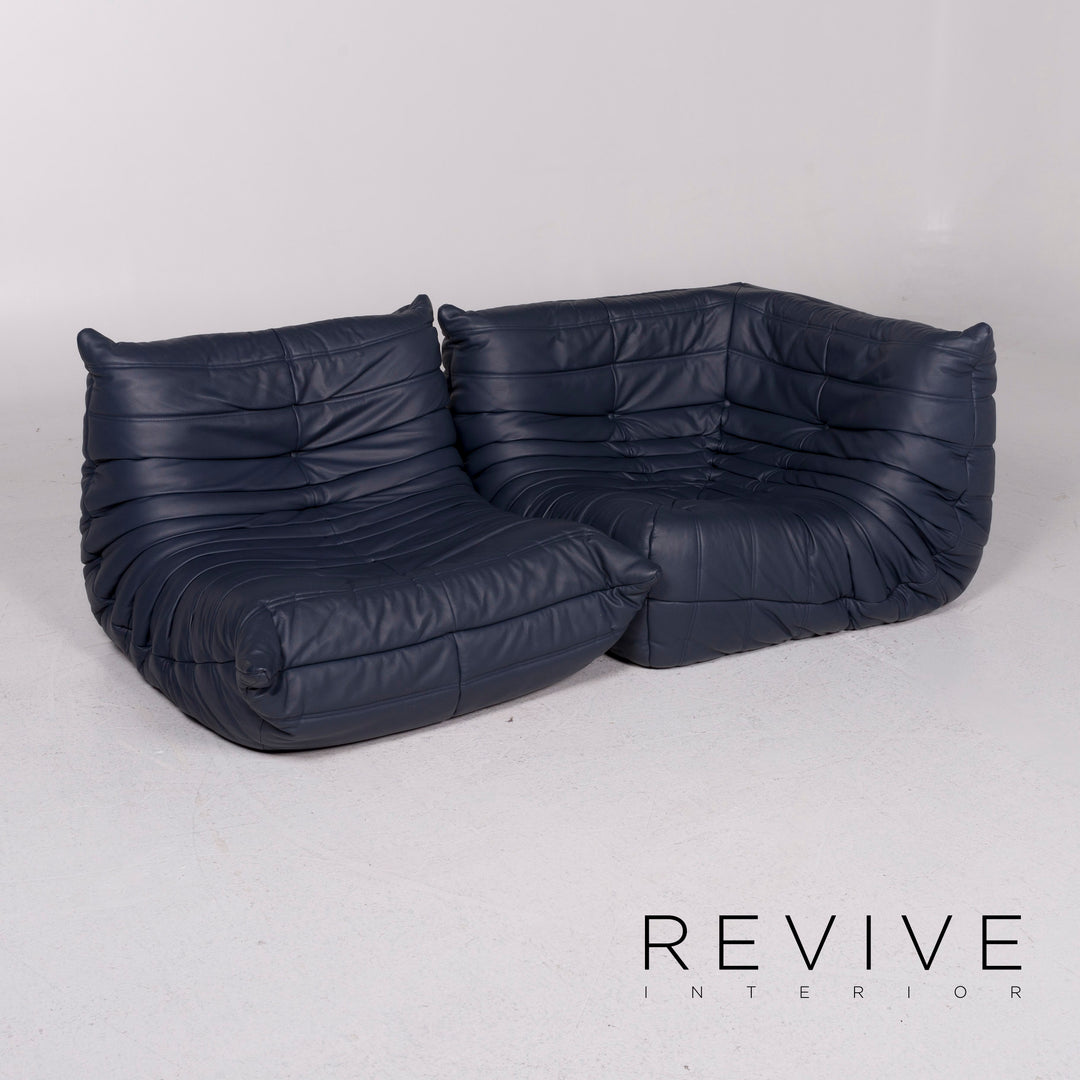 ligne roset Togo Leather Sofa Set Blue Three Seater Stool #11768