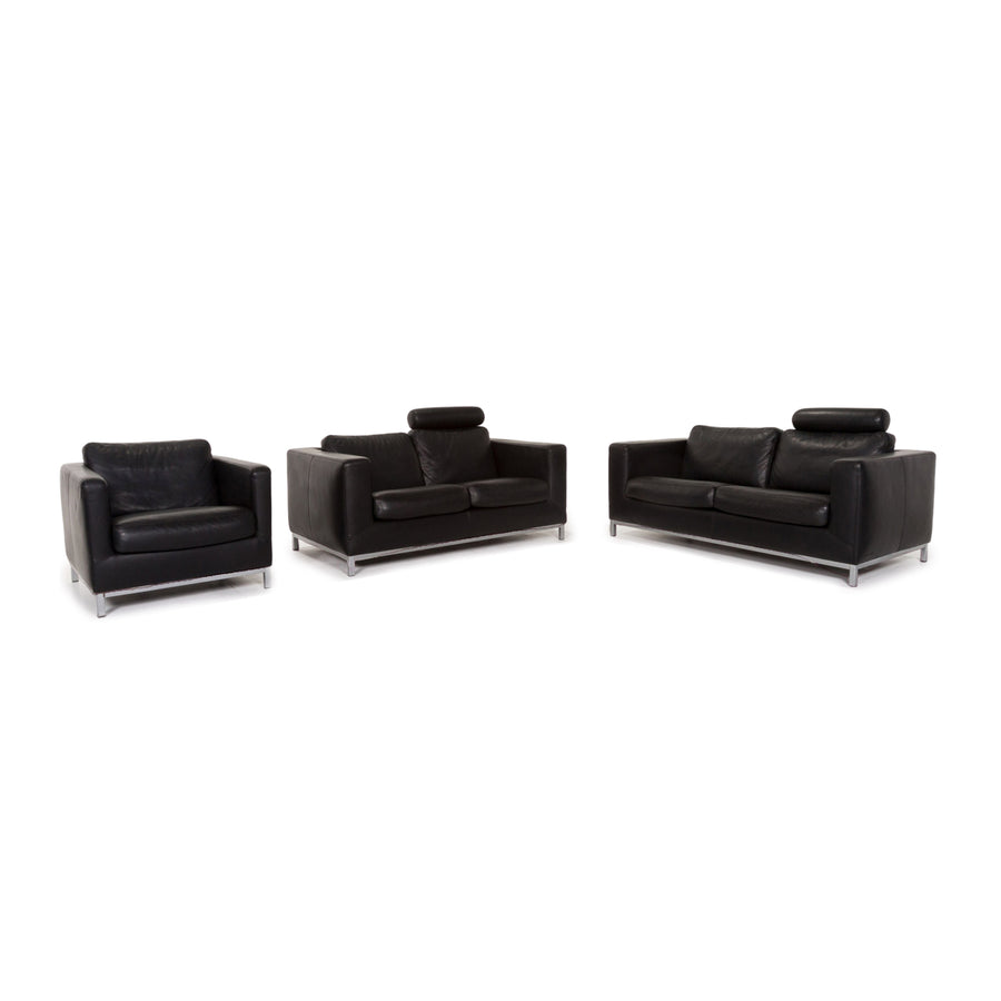 Machalke Manolito leather sofa set black 1x three-seater 1x two-seater 1x armchair #13577