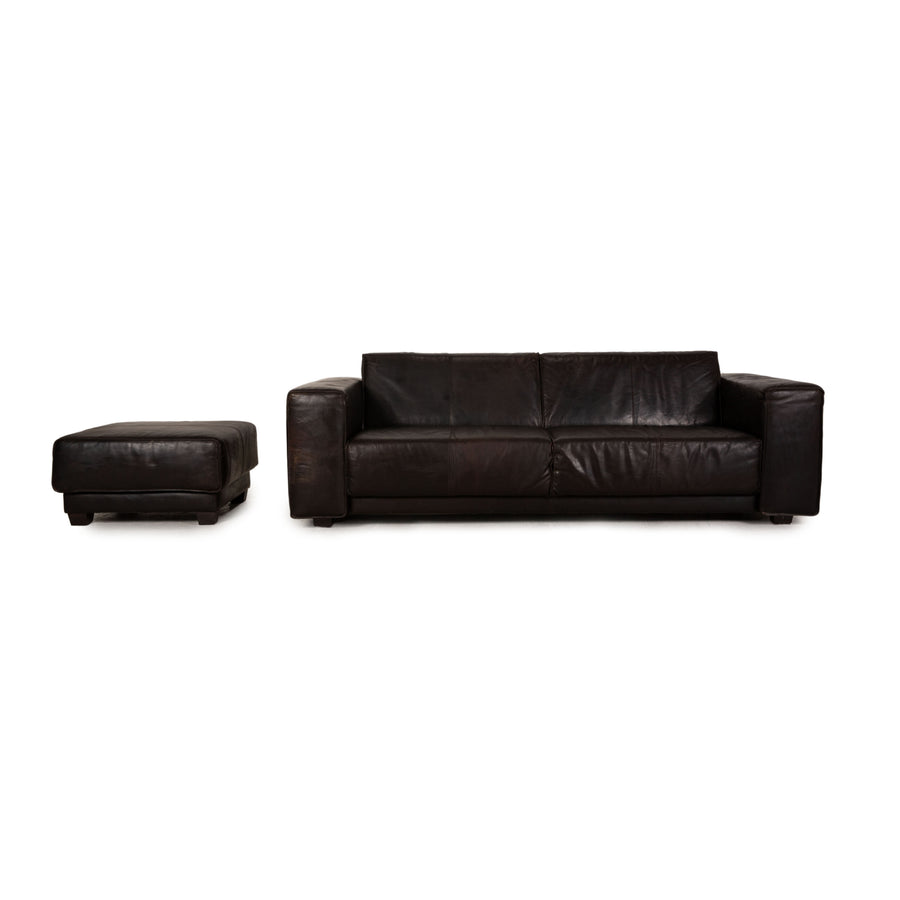 Machalke Navaronne Leather Sofa Set Dark Brown Three Seater Stool
