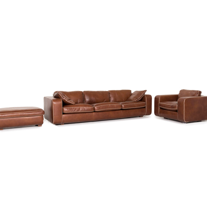 Machalke Valentino leather sofa set brown 1x three-seater 1x armchair 1x stool #