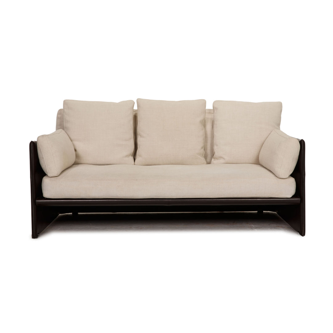 Minotti Fabric Two Seater Cream Brown Leather Sofa Couch