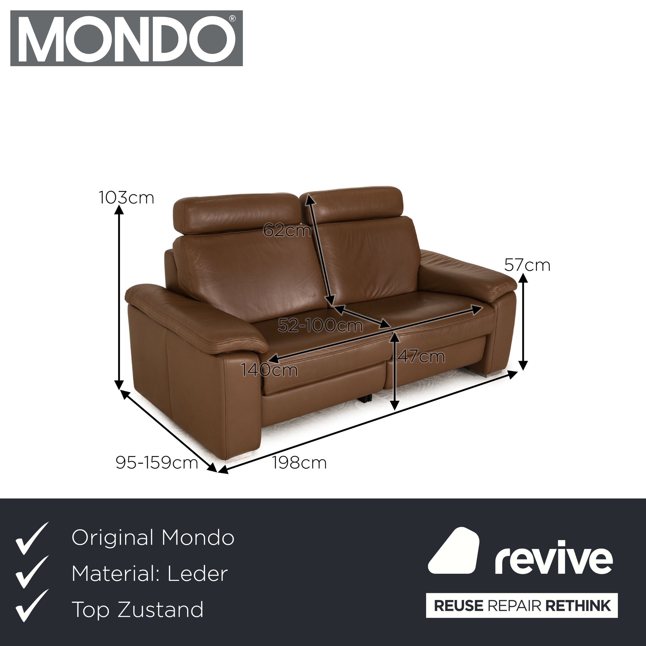 Mondo Maestra Leder Zweisitzer Braun Sofa Couch elektrische Funktion