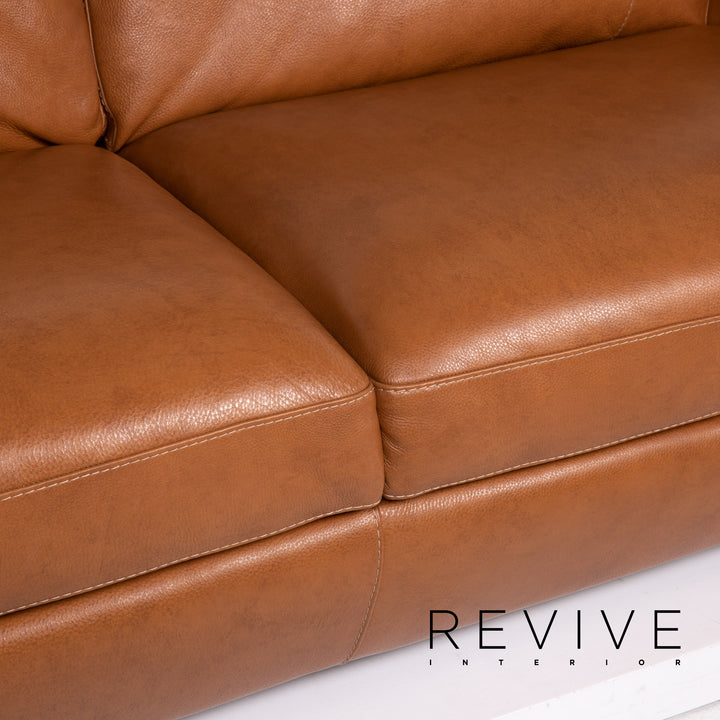 Natuzzi Editions leather sofa set cognac brown 1x three-seater 1x armchair 1x stool #14606