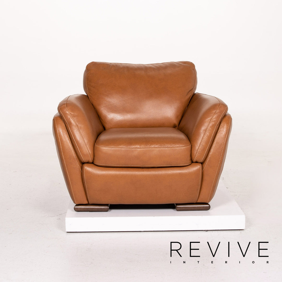 Natuzzi Editions leather sofa set cognac brown 1x three-seater 1x armchair 1x stool #14606