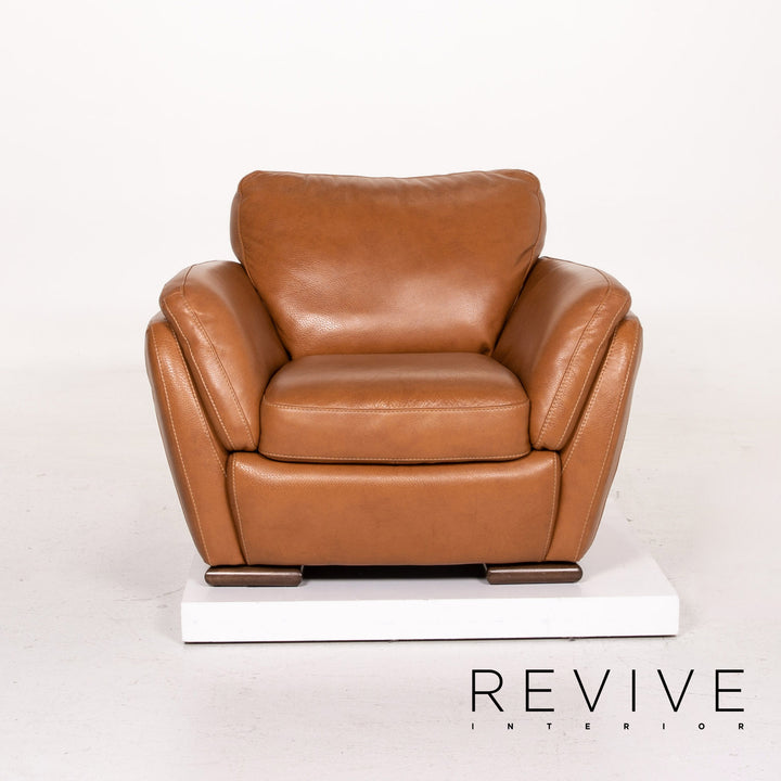 Natuzzi Editions leather sofa set cognac brown 1x three-seater 1x armchair 1x stool #14606