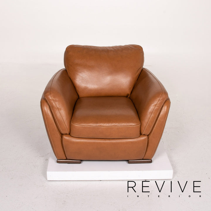 Natuzzi Editions leather sofa set cognac brown 1x three-seater 1x armchair 1x stool #14606