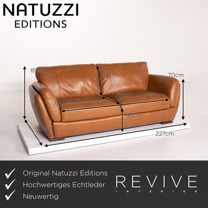 Natuzzi Editions leather sofa set cognac brown 1x three-seater 1x armchair 1x stool #14606
