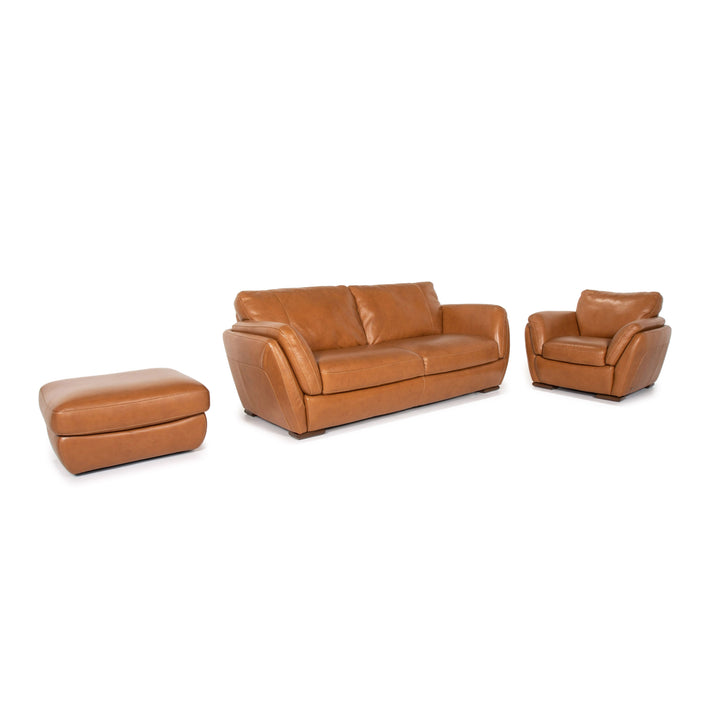 Natuzzi Editions leather sofa set cognac brown 1x three-seater 1x armchair 1x stool #14606