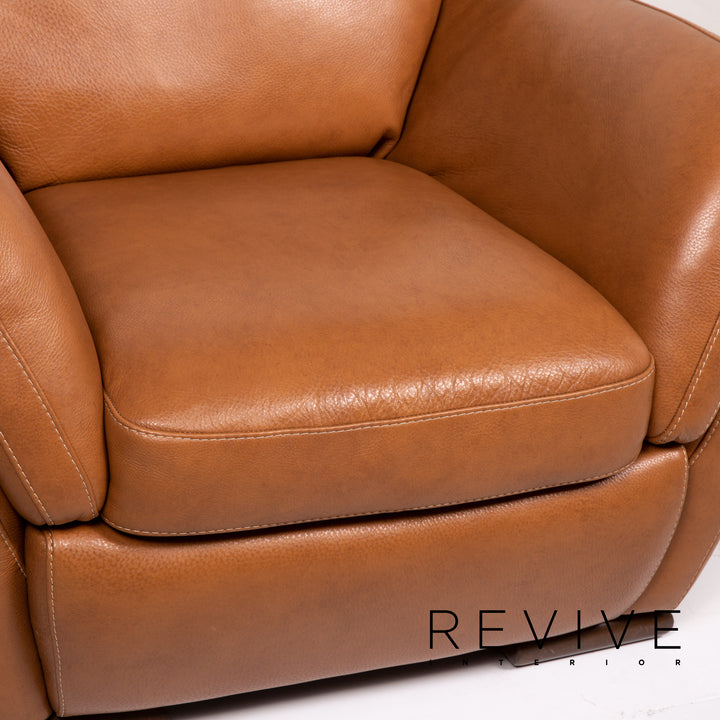 Natuzzi Editions leather sofa set cognac brown 1x three-seater 1x armchair 1x stool #14606