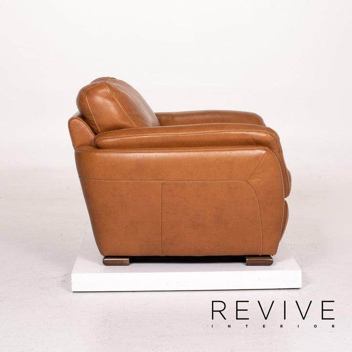 Natuzzi Editions leather sofa set cognac brown 1x three-seater 1x armchair 1x stool #14606