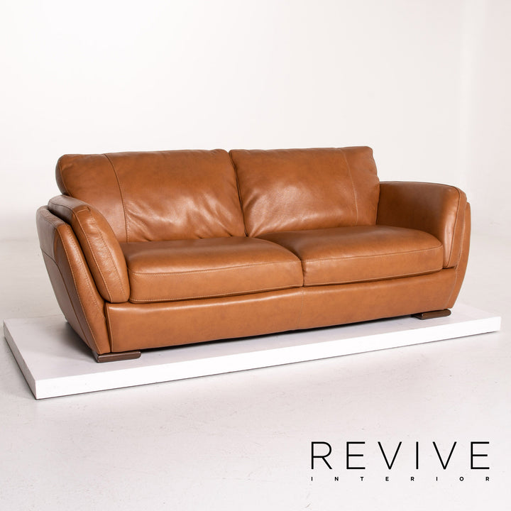 Natuzzi Editions leather sofa set cognac brown 1x three-seater 1x armchair 1x stool #14606