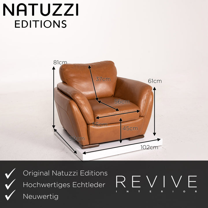 Natuzzi Editions leather sofa set cognac brown 1x three-seater 1x armchair 1x stool #14606