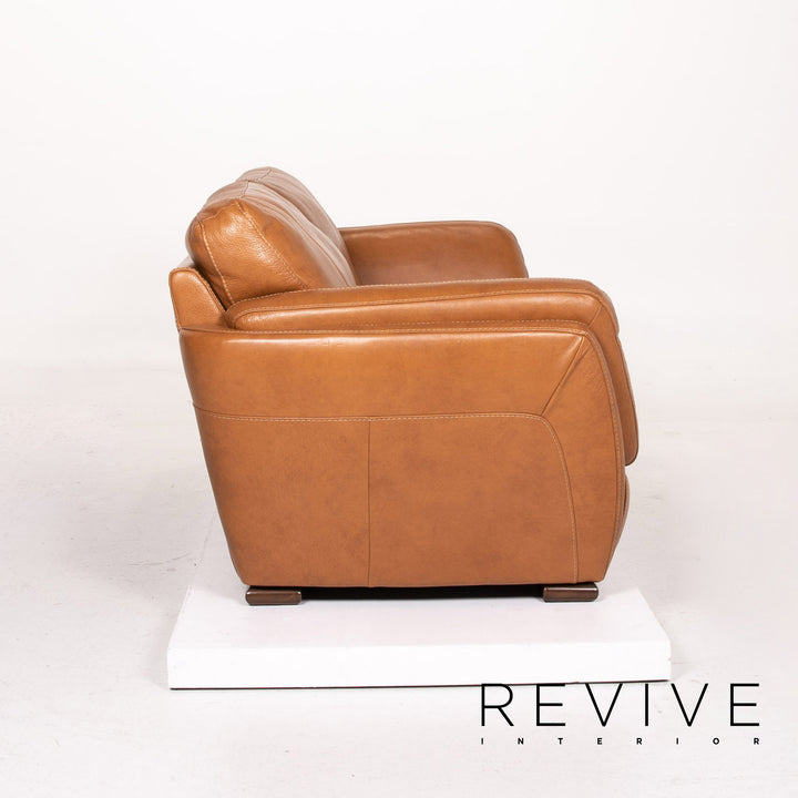 Natuzzi Editions leather sofa set cognac brown 1x three-seater 1x armchair 1x stool #14606