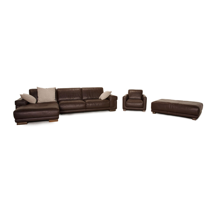 Natuzzi Leder Sofa Garnitur Dunkelbraun Ecksofa Sessel Hocker