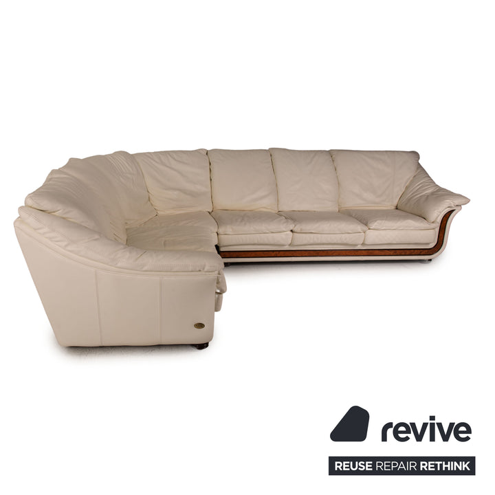 Nieri Corniche Leder Sofa Garnitur Creme Ecksofa Couch Hocker