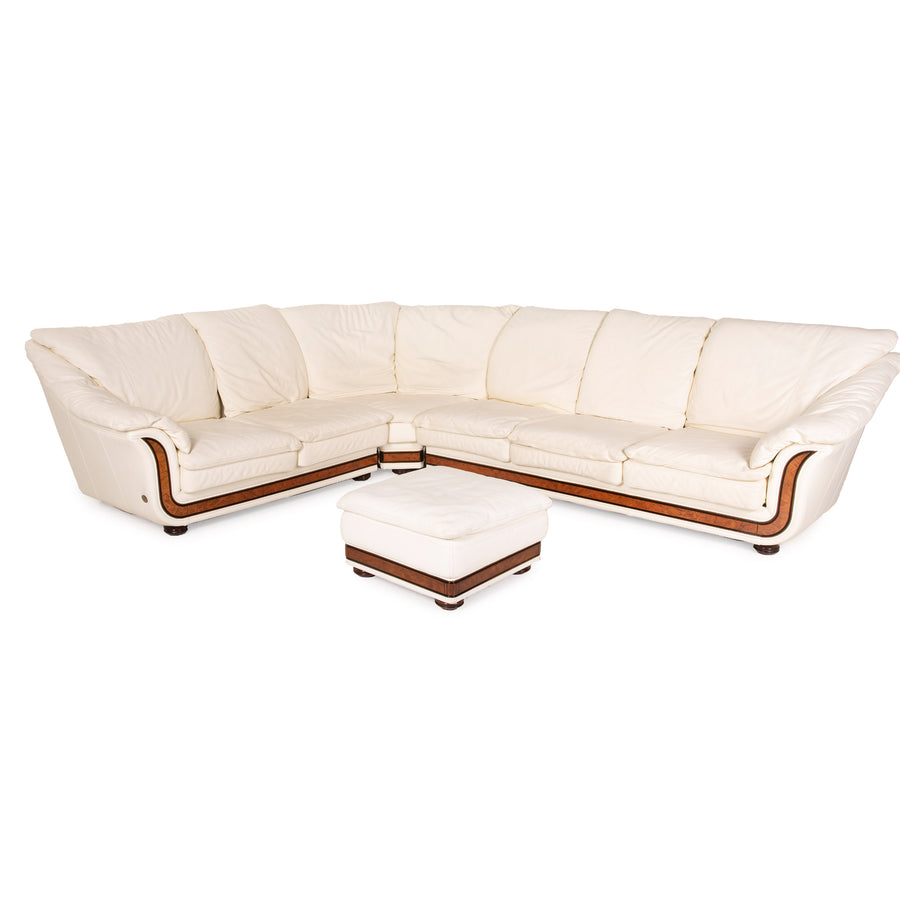 Nieri Corniche Leder Sofa Garnitur Creme Ecksofa Couch Hocker