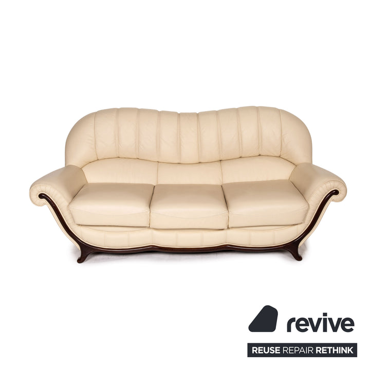Nieri leather wood sofa set cream 1x three-seater 1x two-seater