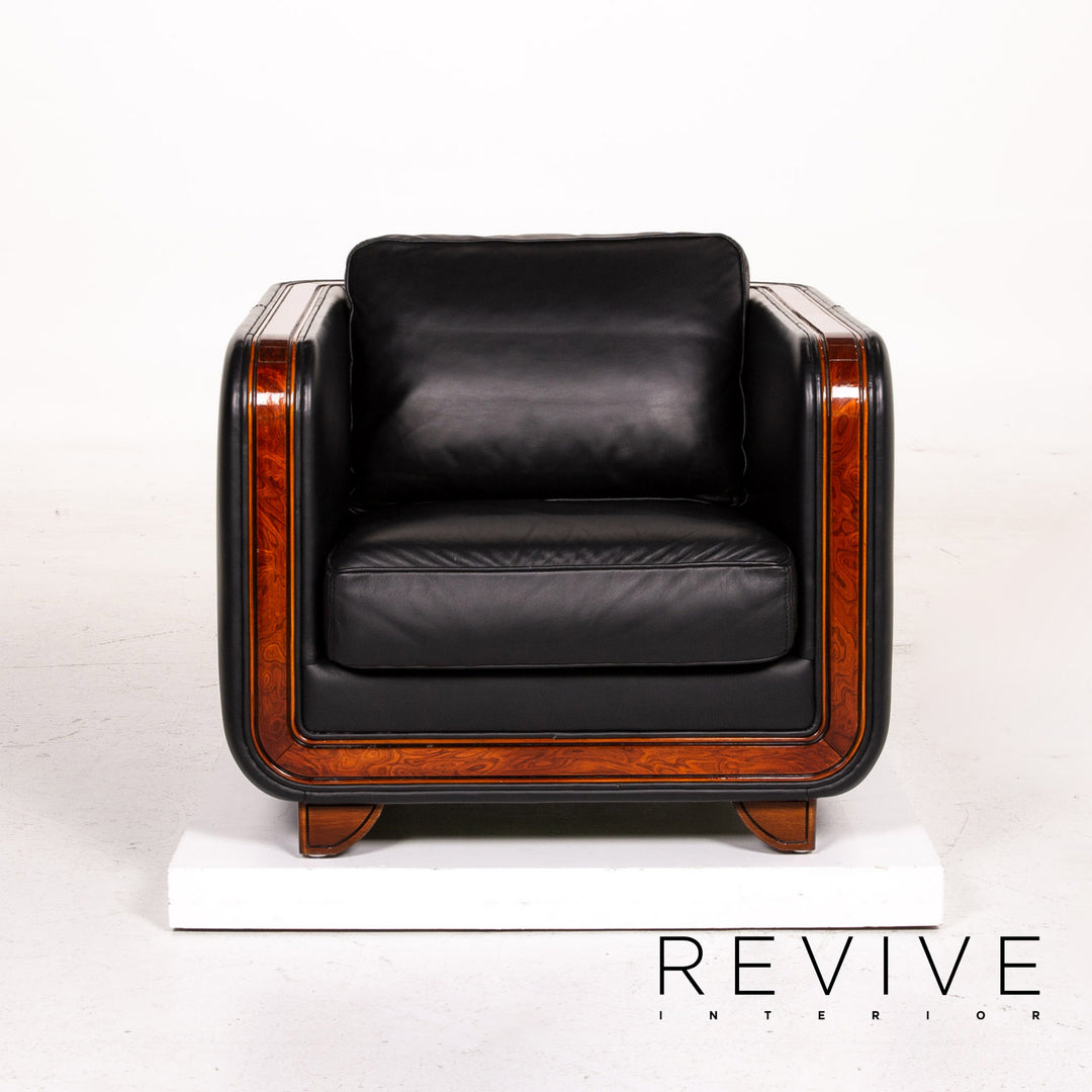 Ensemble canapé en cuir Nieri noir 1x trois places 1x fauteuil bois #15192