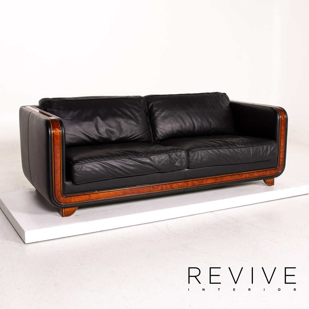 Ensemble canapé en cuir Nieri noir 1x trois places 1x fauteuil bois #15192
