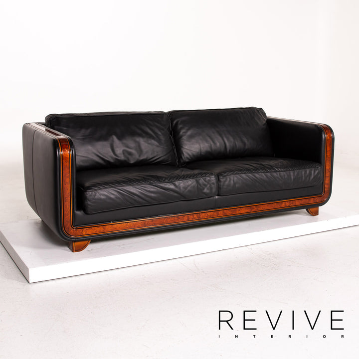 Ensemble canapé en cuir Nieri noir 1x trois places 1x fauteuil bois #15192