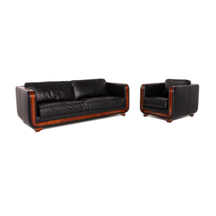 Ensemble canapé en cuir Nieri noir 1x trois places 1x fauteuil bois #15192