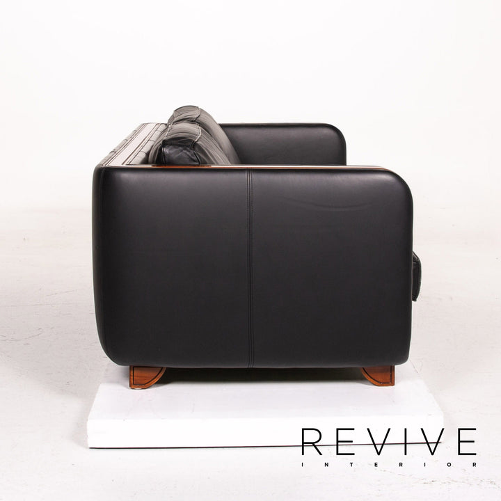 Ensemble canapé en cuir Nieri noir 1x trois places 1x fauteuil bois #15192