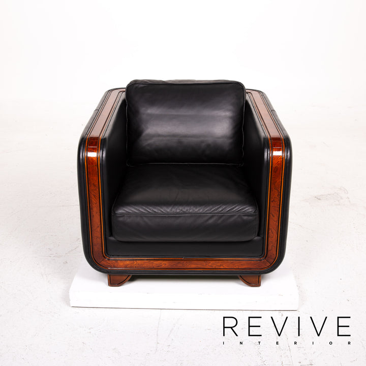 Ensemble canapé en cuir Nieri noir 1x trois places 1x fauteuil bois #15192