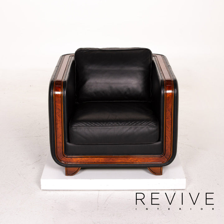 Ensemble canapé en cuir Nieri noir 1x trois places 1x fauteuil bois #15192