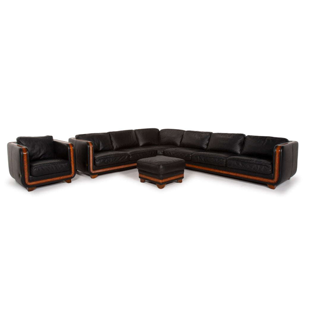 Nieri Leather Sofa Set Black Corner Sofa Armchair Stool #15217