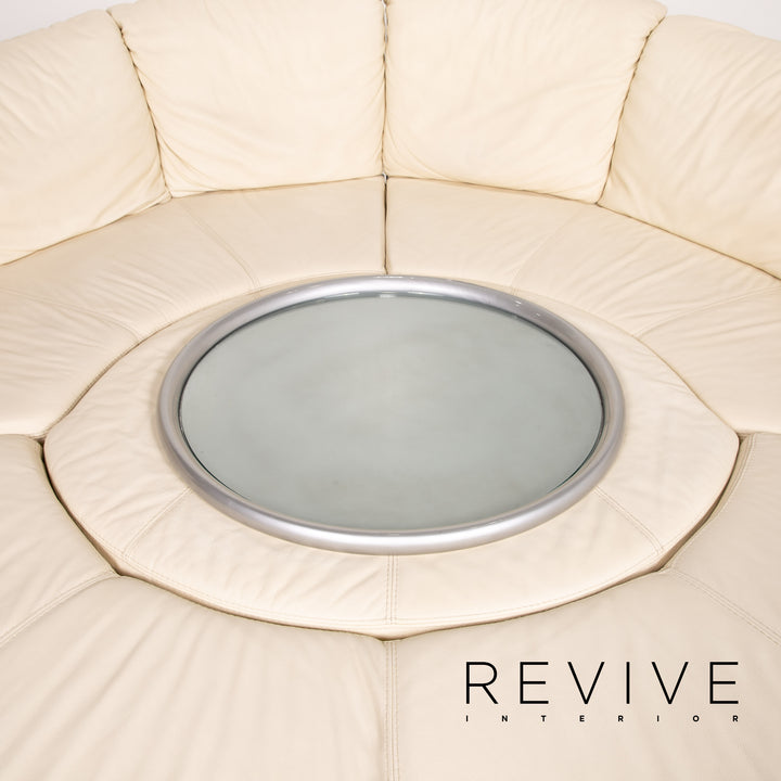 Nieri Planet – canapé d'angle en cuir, rond, crème, avec plateau, #14005
