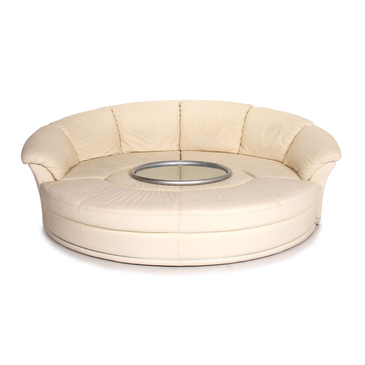 Nieri Planet – canapé d'angle en cuir, rond, crème, avec plateau, #14005