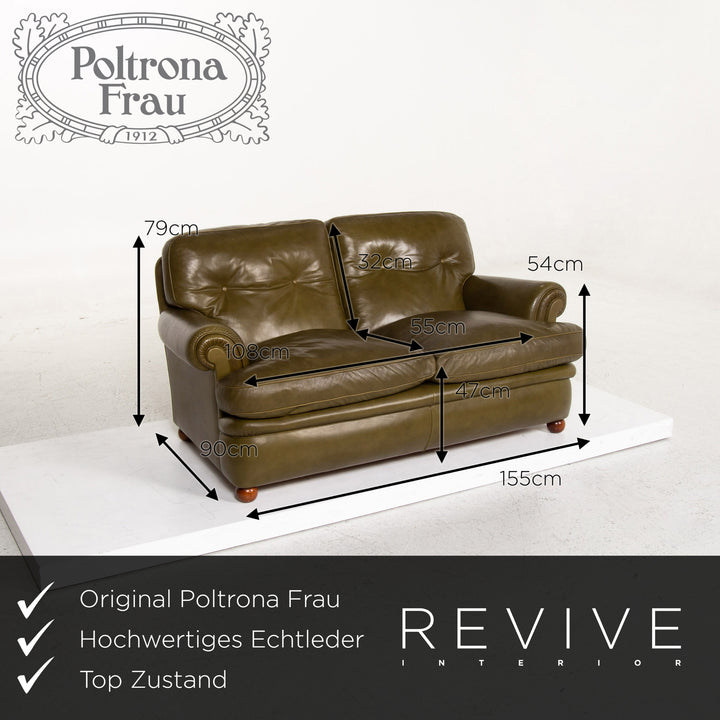 Poltrona Frau Leder Sofa Grün Olivgrün Zweisitzer Couch Retro #13541