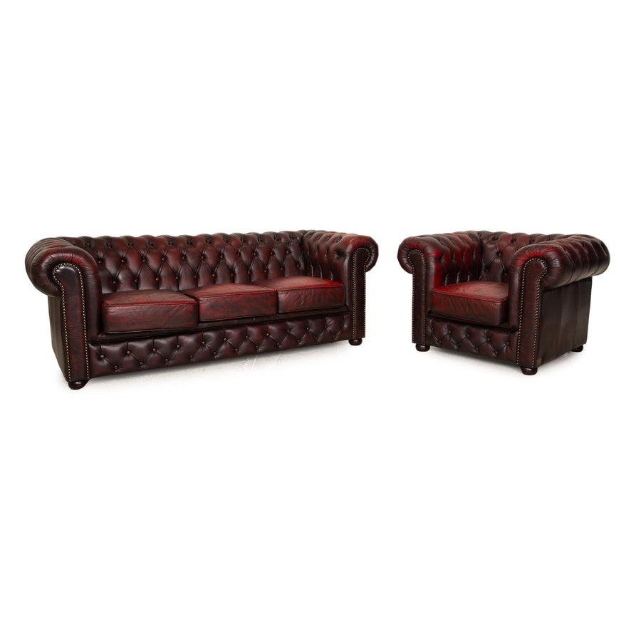 Rochester Chesterfield Leather Sofa Set Red Brown Three Seater Armchair Couch Vintage