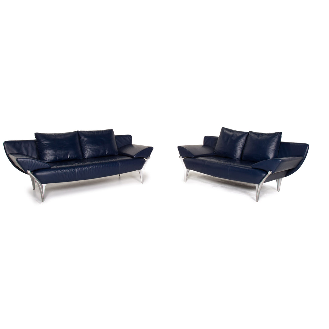Rolf Benz 1600 leather sofa set blue dark blue two-seater function couch #14549
