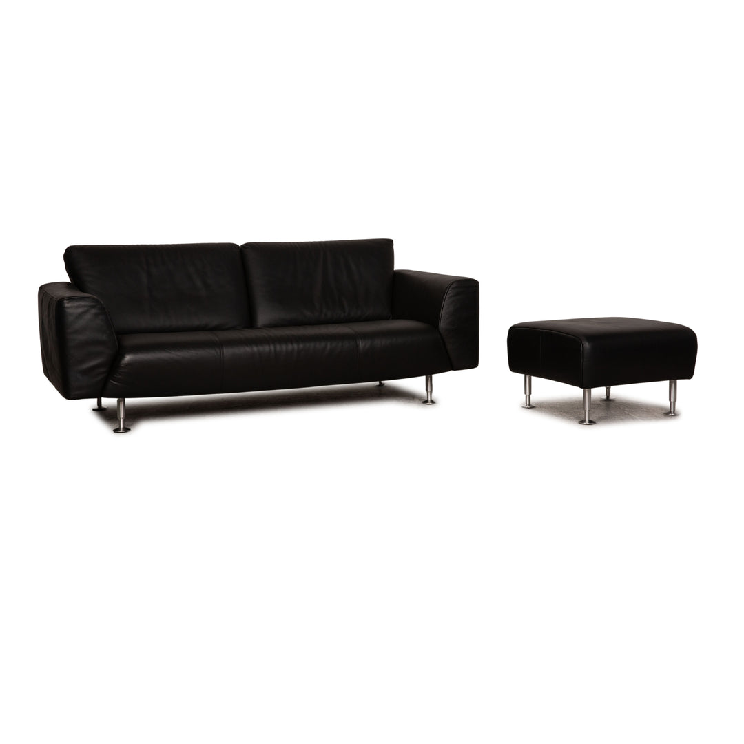 Rolf Benz 250 Leder Sofa Garnitur Schwarz Dreisitzer Hocker Couch