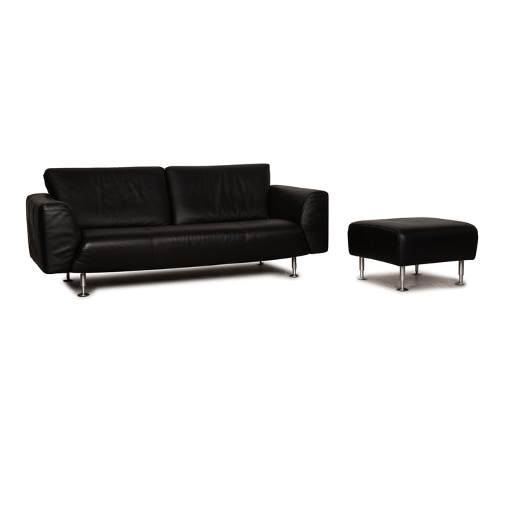 Rolf Benz 250 Leder Sofa Garnitur Schwarz Dreisitzer Hocker Couch