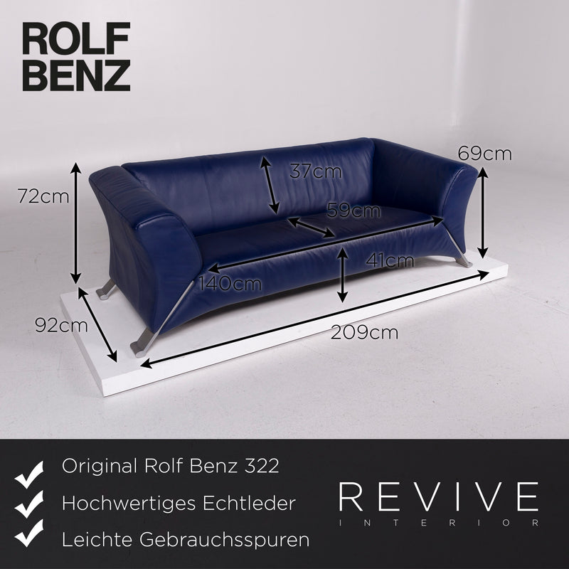 Rolf Benz 322 Leder Sofa Blau Dreisitzer Couch 