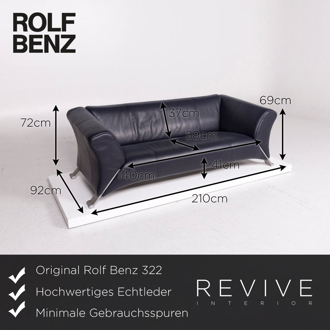Rolf Benz 322 Leder Sofa Blau Dunkelblau Dreisitzer Couch #12059
