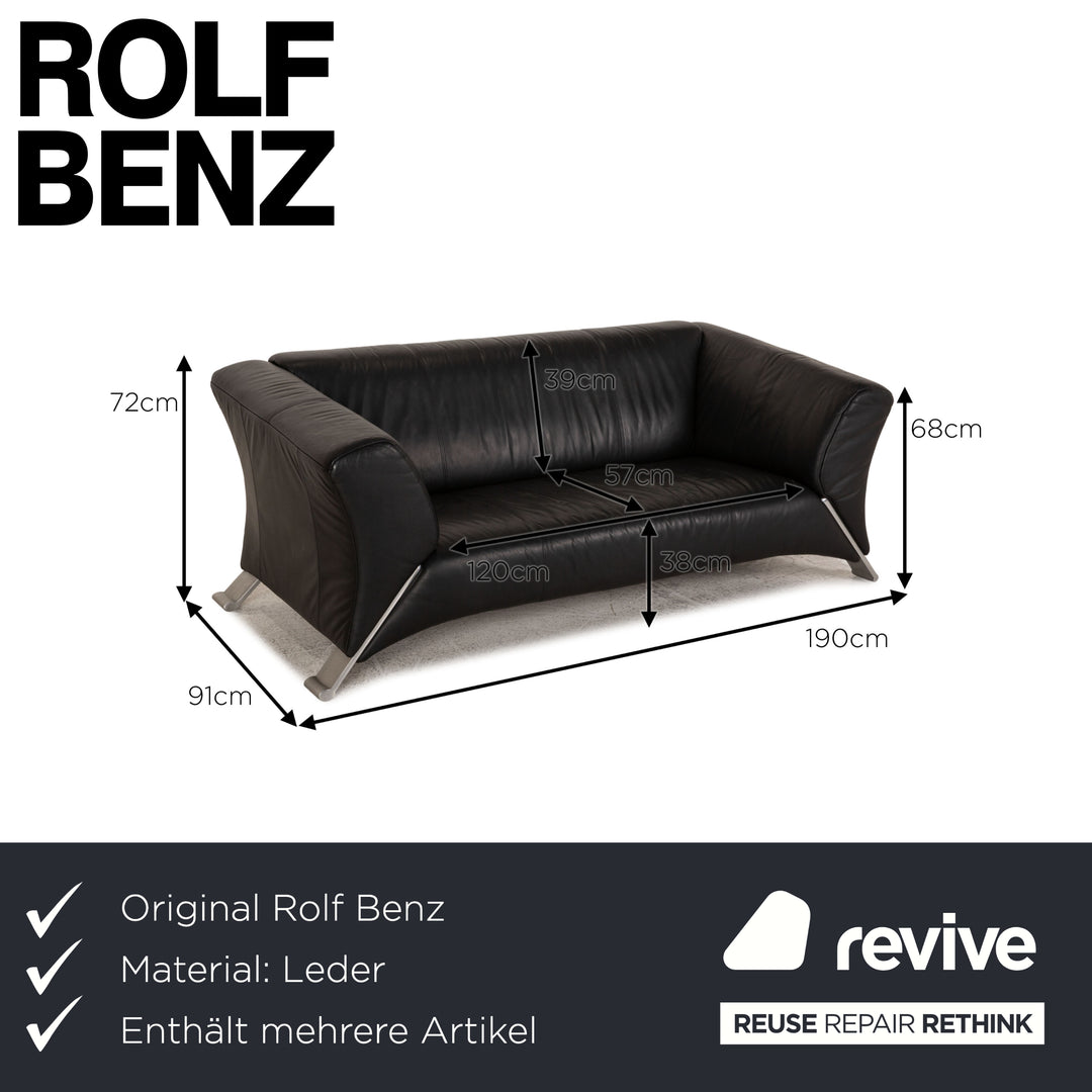 Rolf Benz 322 leather sofa black 2x three-seater couch