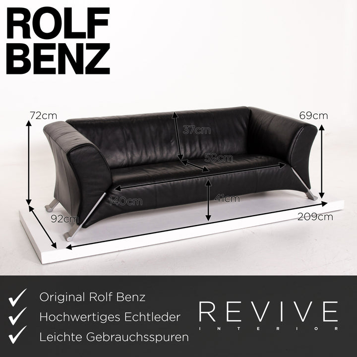 Rolf Benz 322 Leather Sofa Black Three Seater Couch #13985