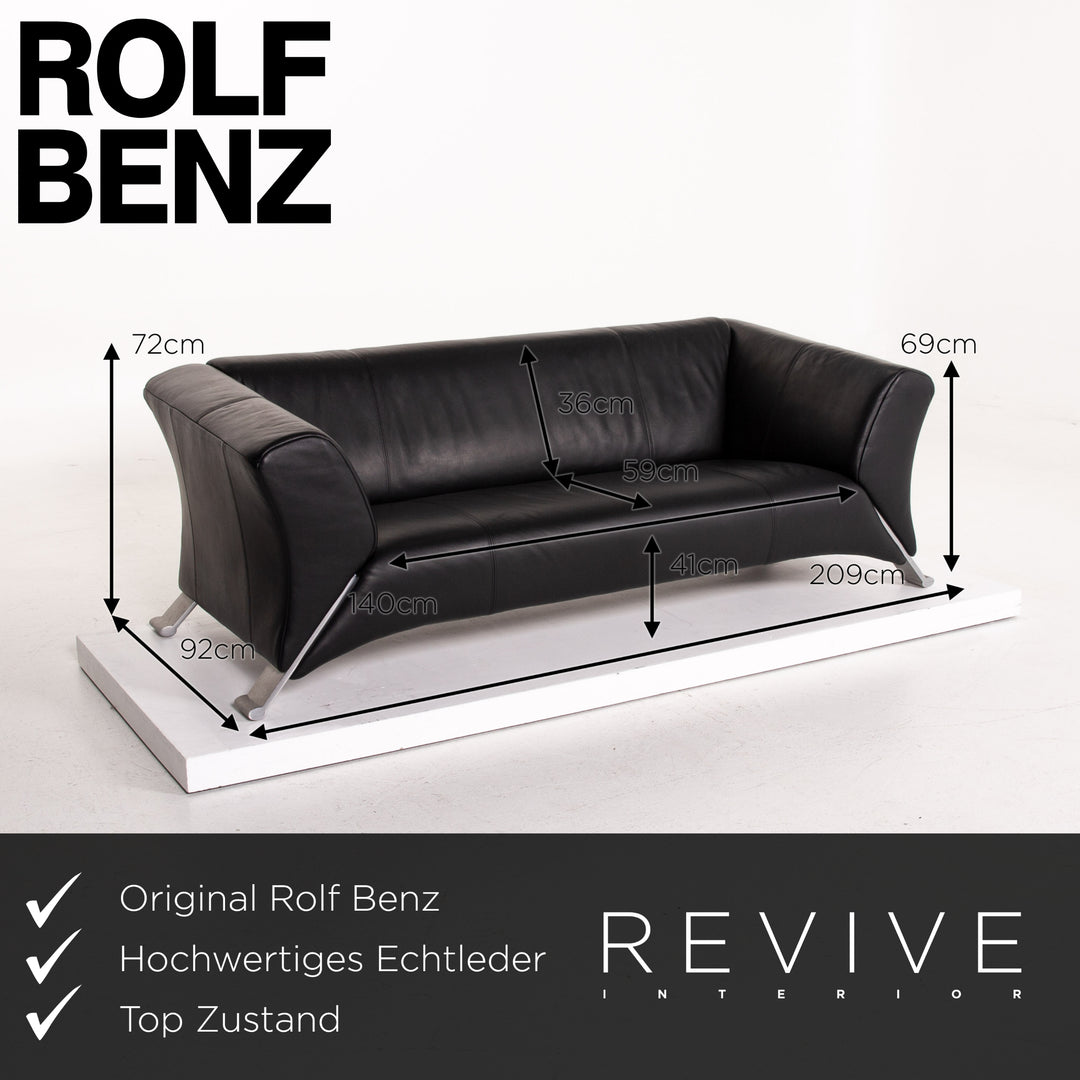 Rolf Benz 322 leather sofa black three-seater couch #14609