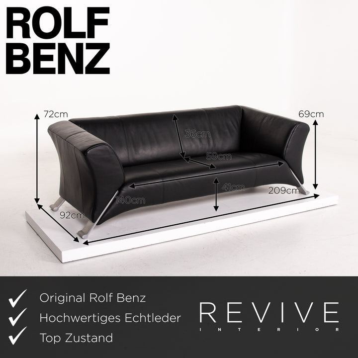 Rolf Benz 322 leather sofa black three-seater couch #14609